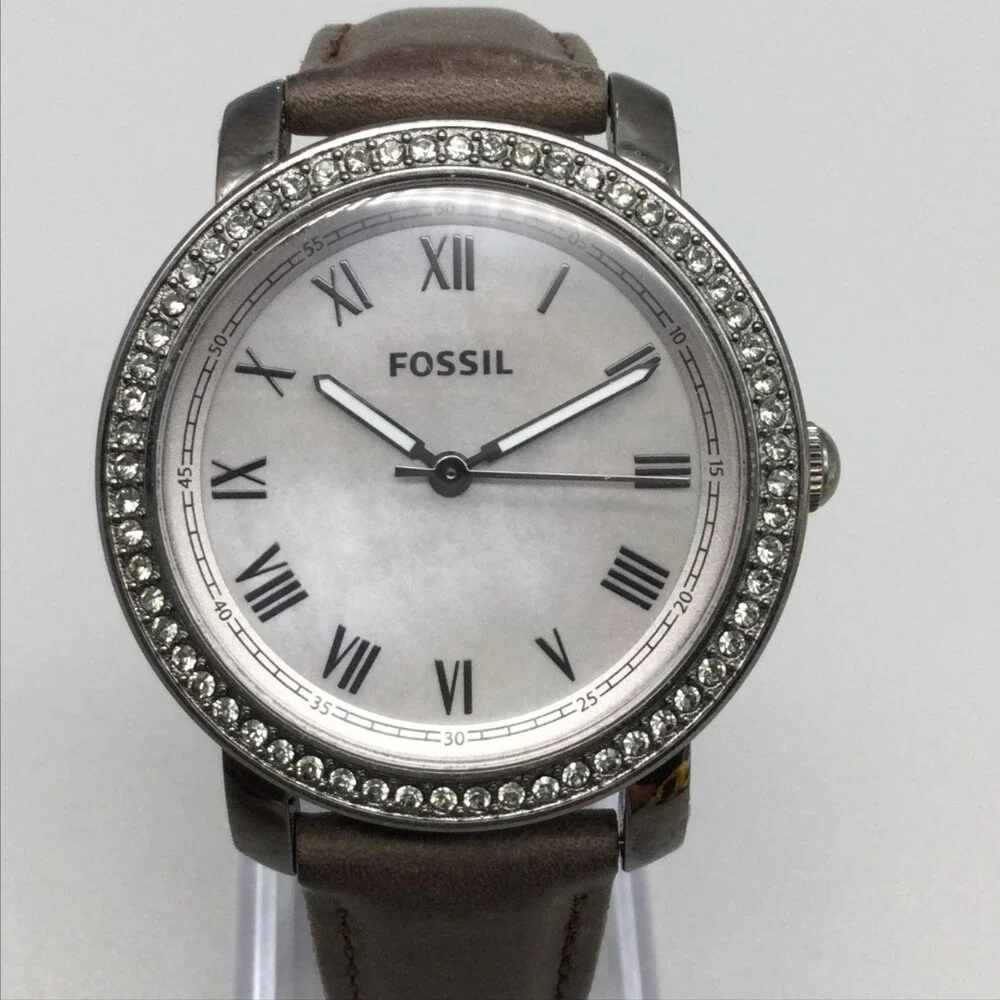 Fossil Emma ES3148 Womens Watch 38mm MOP Brown Leather Crystals New Battery